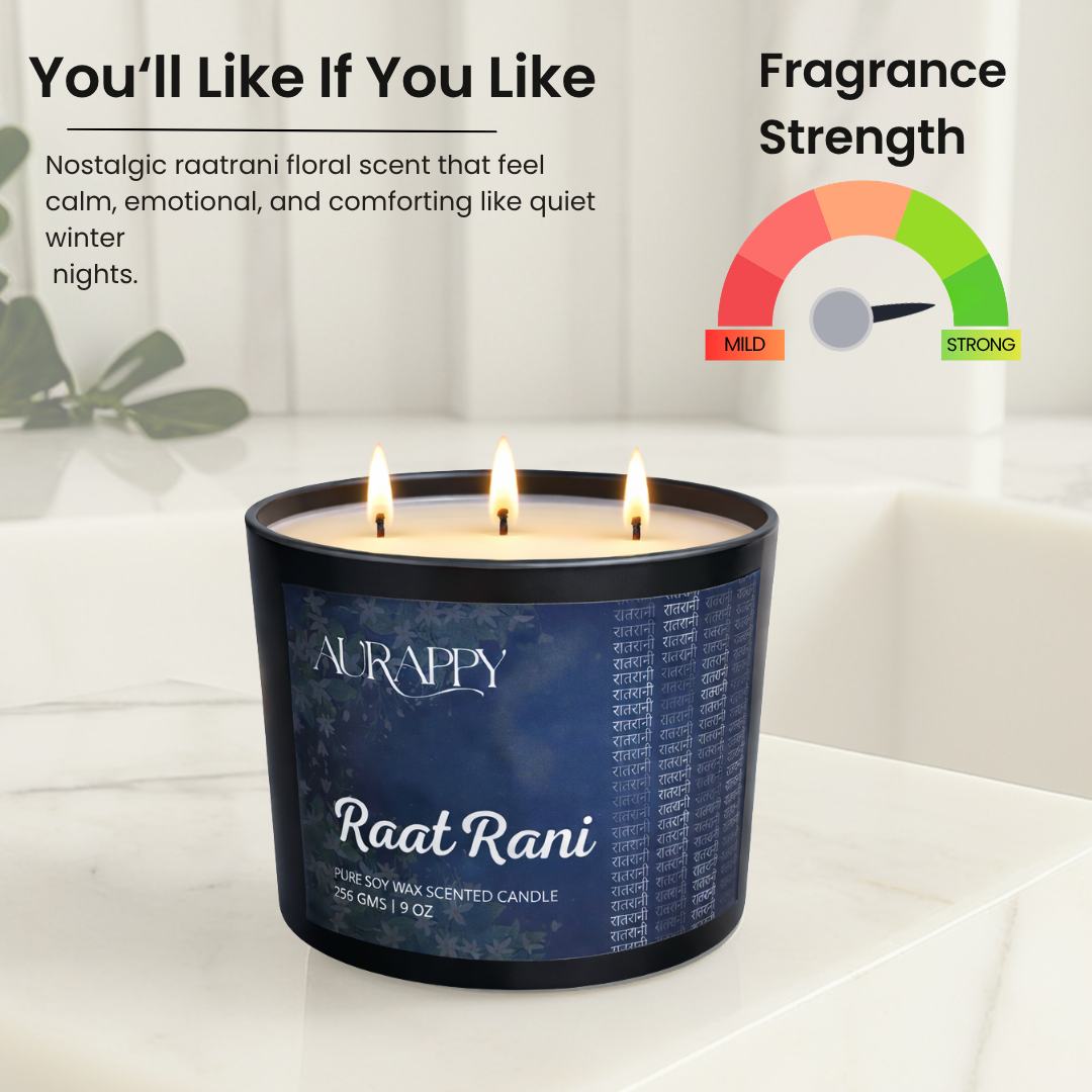 Aurappy Raatrani scented candle detail – premium soy wax night jasmine close-up India