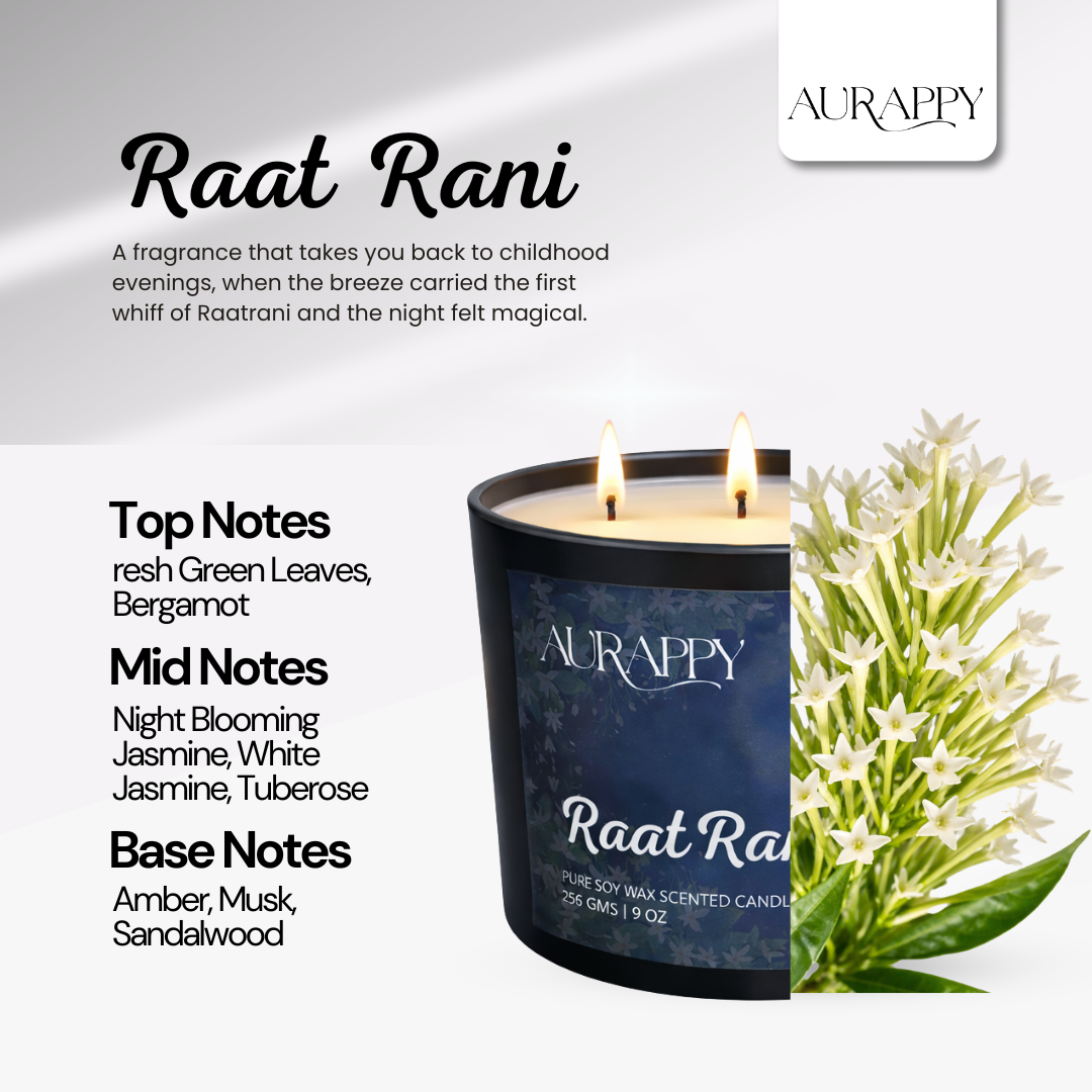 Aurappy Raatrani 3-wick candle top view – night jasmine soy wax fragrance India