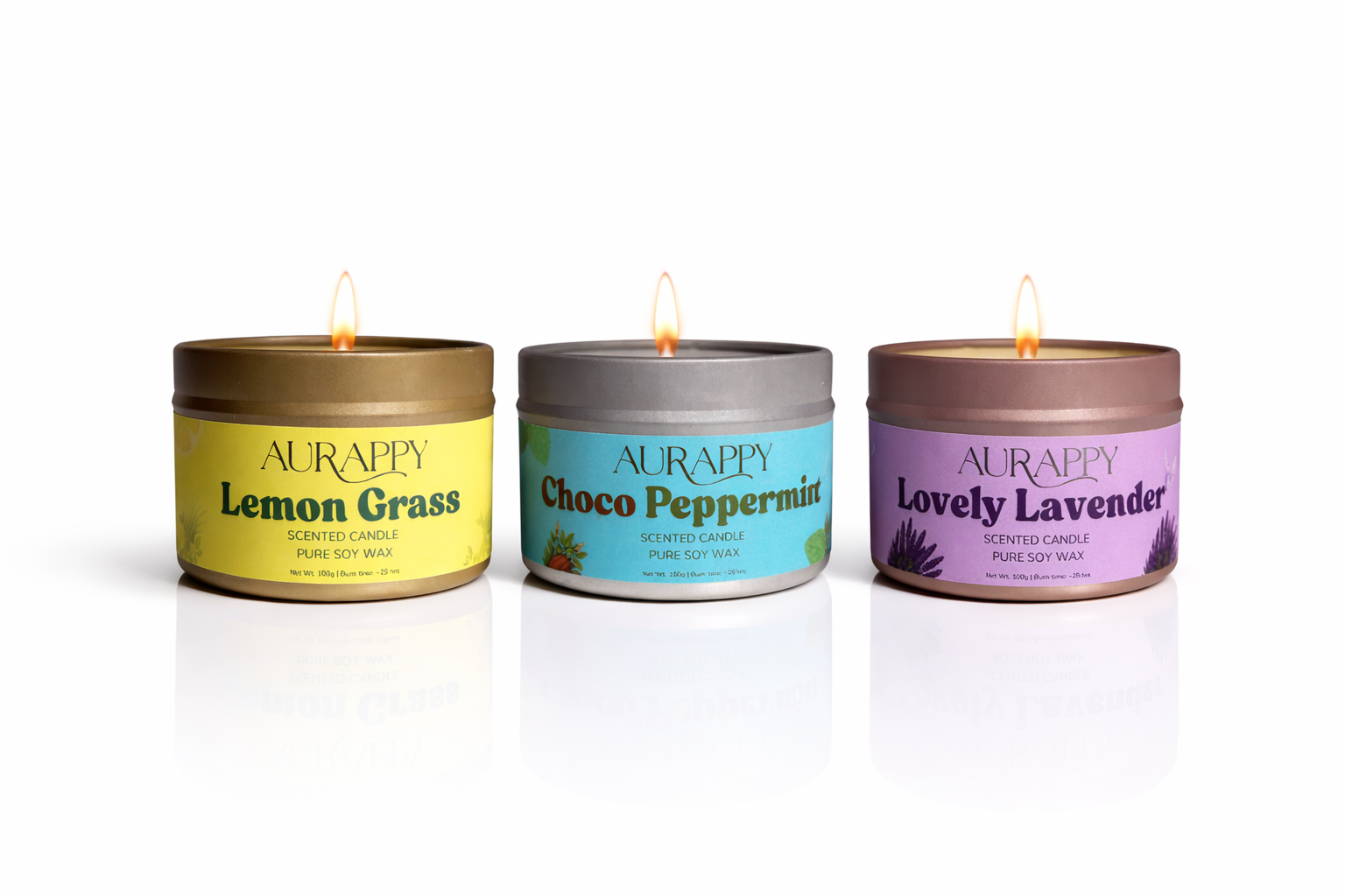 Three Aurappy candles with different scents on a white background