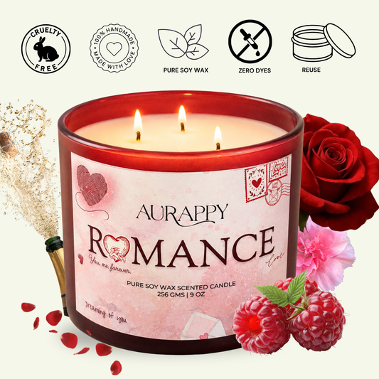 A three-wick scented candle in a red glass jar labeled Aurappy Romance, shown with decorative roses, raspberries, petals, and feature icons on a light beige background.