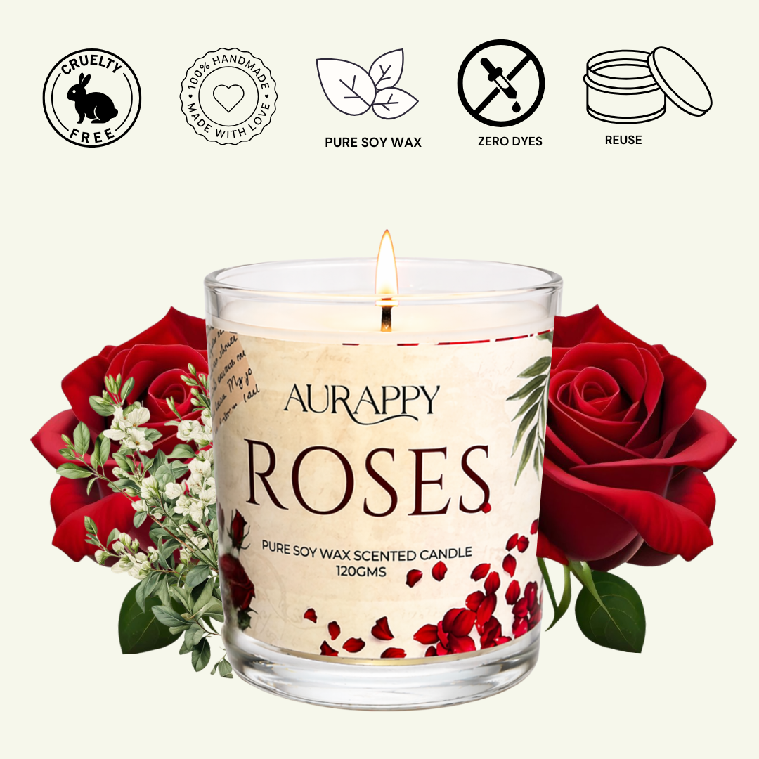 Aurappy Rose soy wax candle glass jar – pure rose fragrance home and gifting India