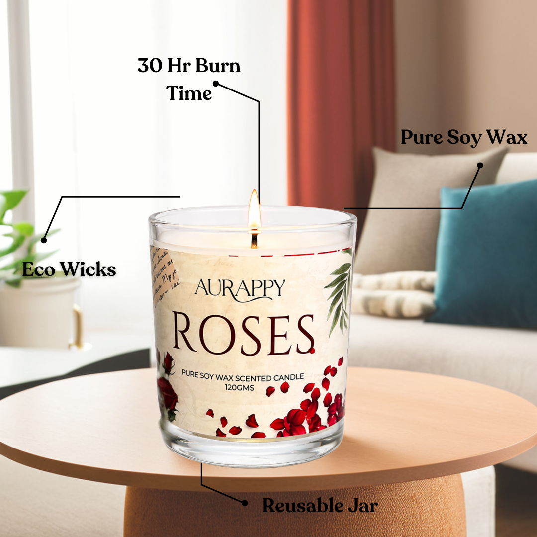 Aurappy Roses scented soy wax candle detail – premium rose fragrance close-up India