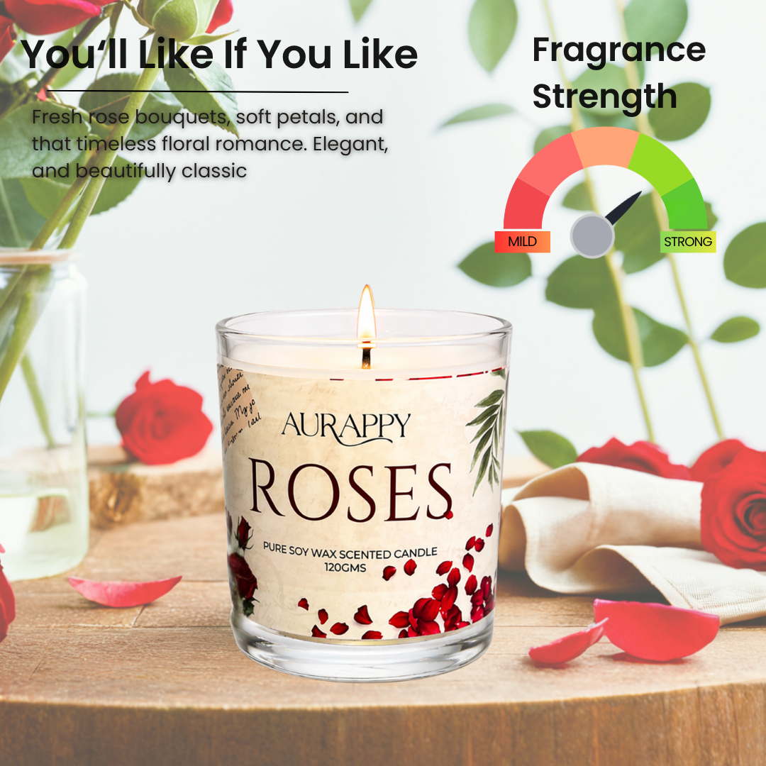 Aurappy Rose scented candle alternate view – natural soy wax 30 hour burn rose fragrance India