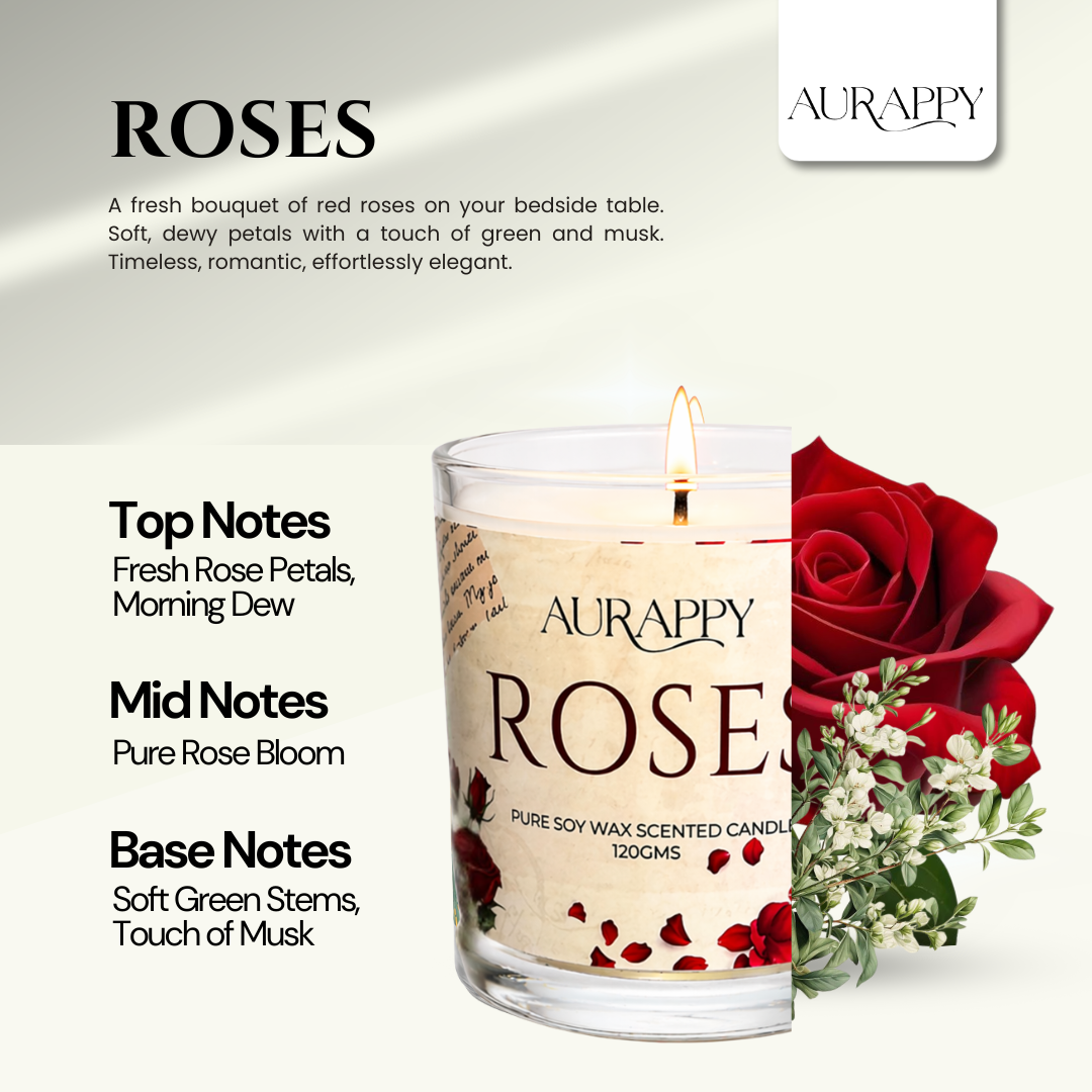 Aurappy Roses candle lifestyle – pure soy wax floral fragrance for home decor India