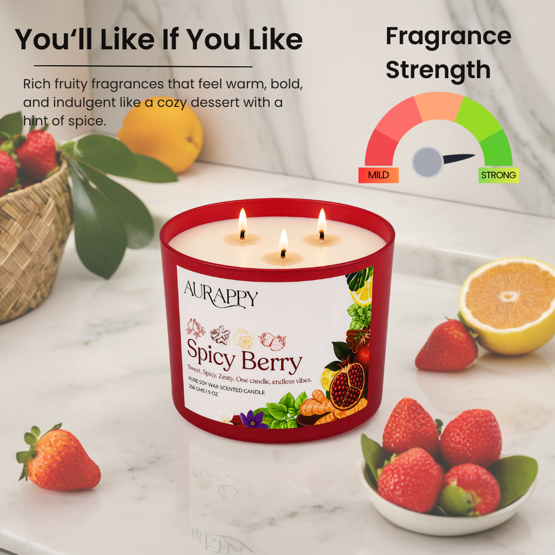 Aurappy Spicy Berry candle lifestyle – premium 3-wick soy wax bold fragrance India