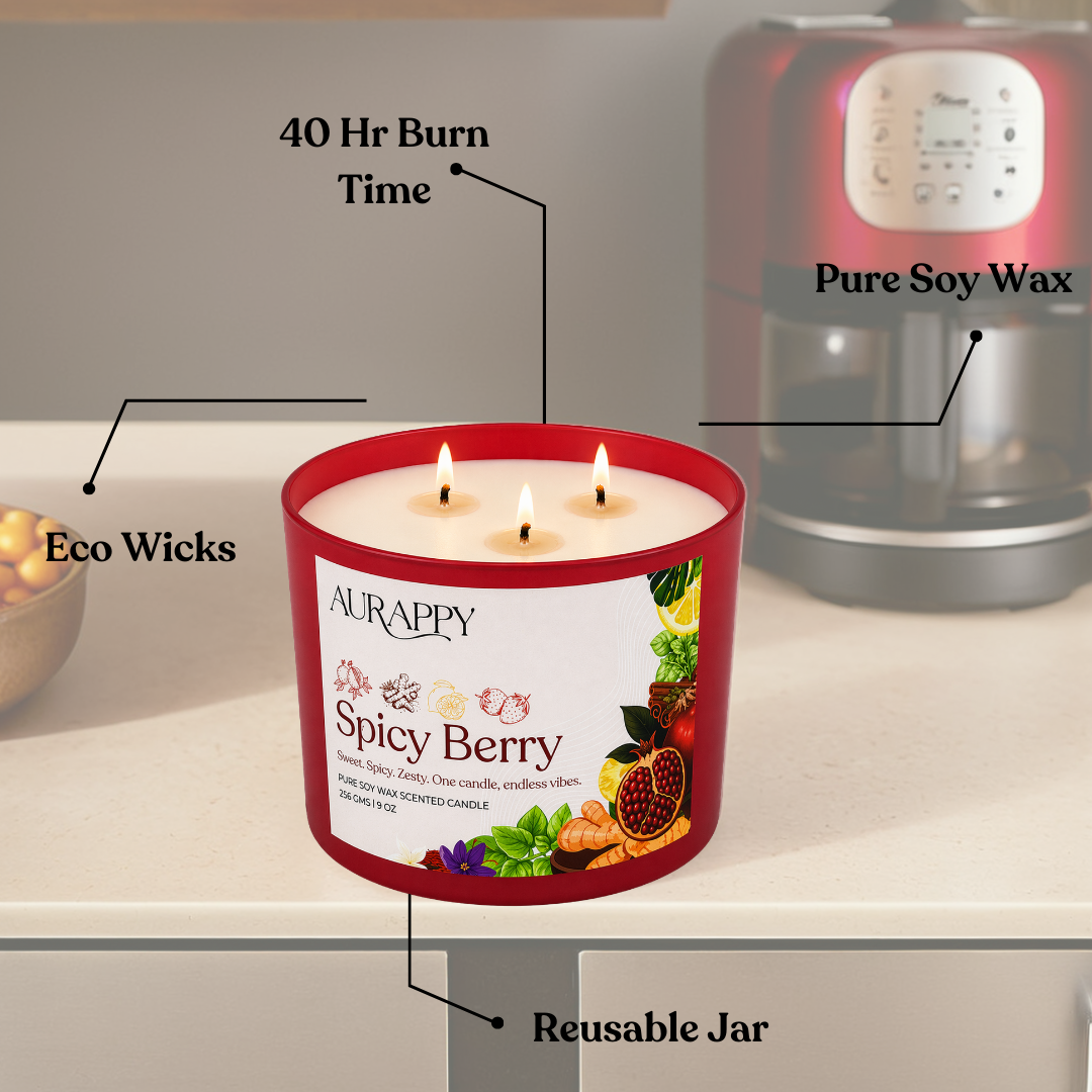 Aurappy Spicy Berry 3-wick scented candle side view – bold berry soy wax fragrance India