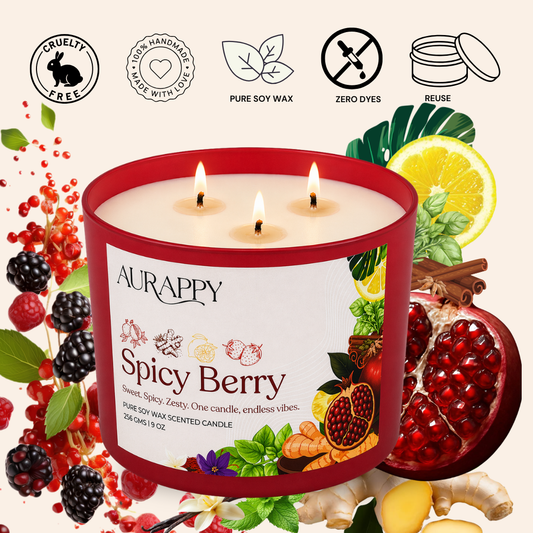 Aurappy Spicy Berry 3-wick candle close-up – spicy berry soy wax fragrance detail India