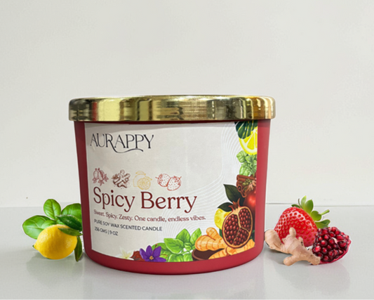 Acrappy Spicy Berry candle with fruit illustrations on a white background