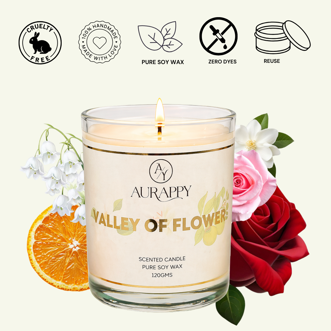Aurappy Valley of Flowers soy wax candle glass jar – wildflower fragrance home gifting India