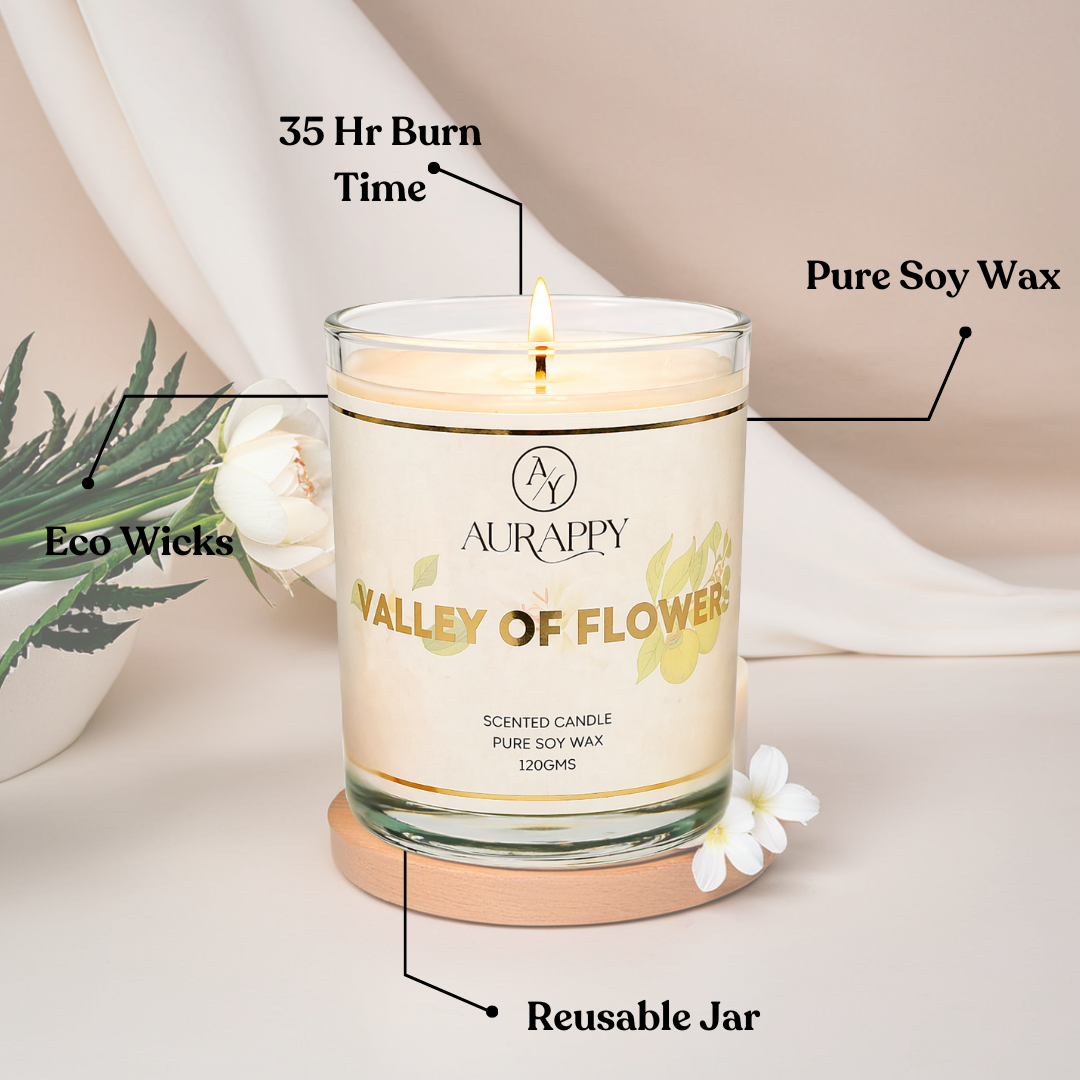 Aurappy Valley of Flowers candle detail shot – pure soy wax floral fragrance India