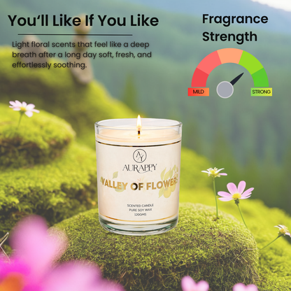 Aurappy Valley of Flowers scented candle styled – elegant wildflower home fragrance India