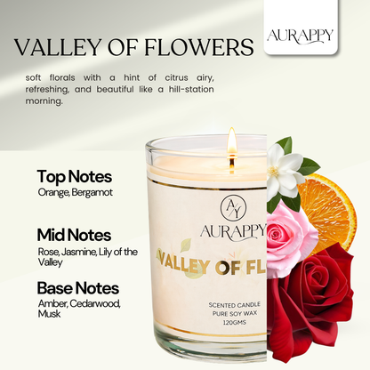Aurappy Valley of Flowers candle close-up – premium floral soy wax detail India