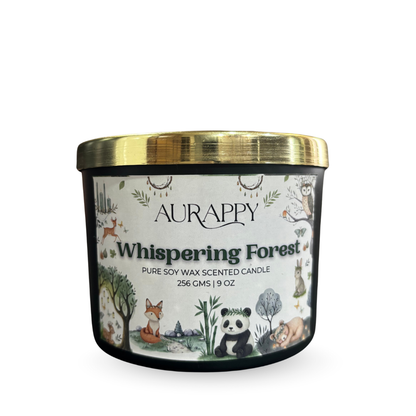 Aurappy 'Whispering Forest' candle with a gold lid on a white background