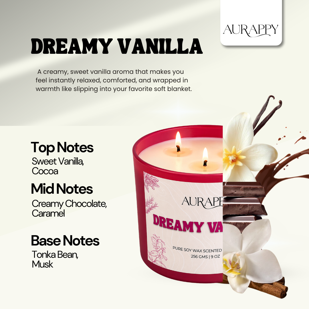 Aurappy Dreamy Vanilla 3-wick candle features – soy wax sweet vanilla aroma detail India