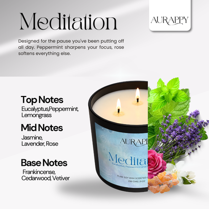 Aurappy Meditation 3-wick candle features – soy wax peaceful aroma detail India