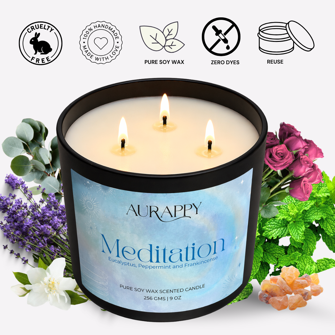 Aurappy Meditation candle in zen setting – 3-wick soy wax calming fragrance India