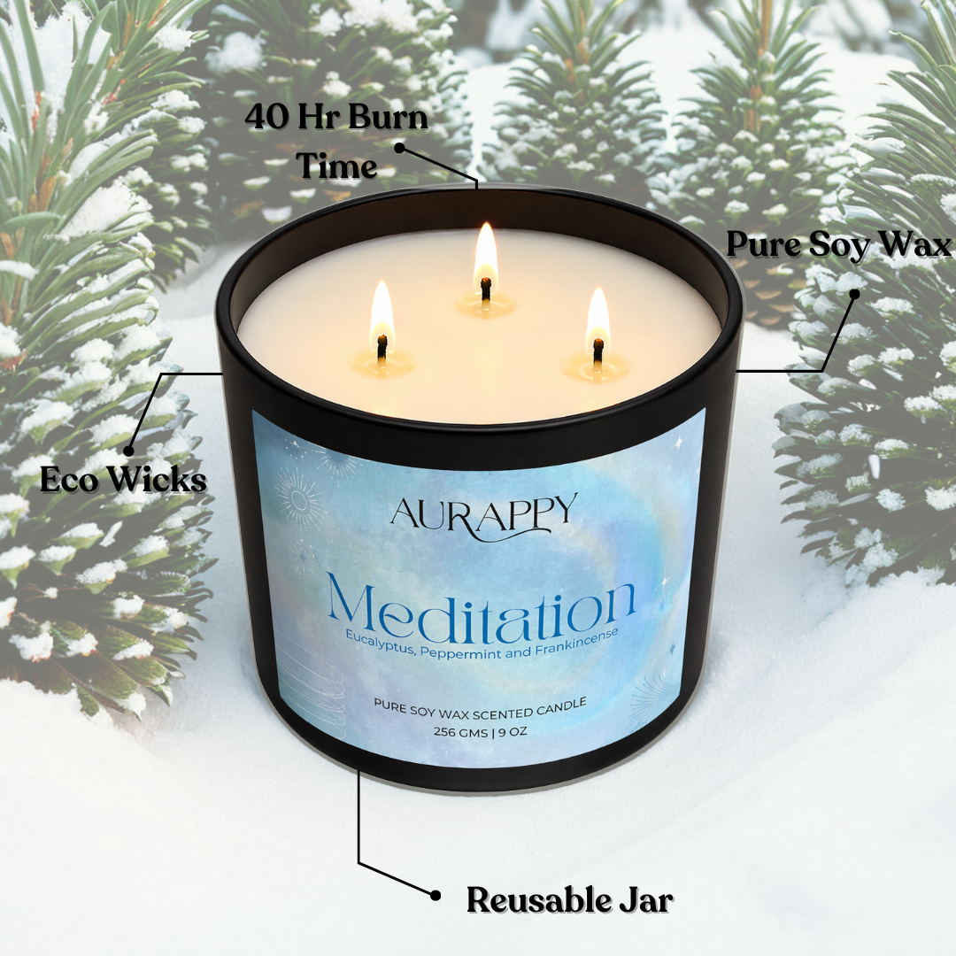 Aurappy Meditation 3-wick candle alternate view – natural soy wax serene fragrance India