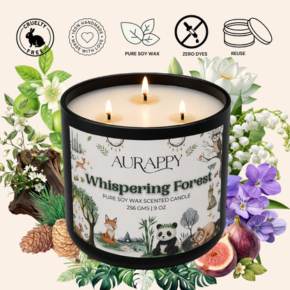 Aurappy Whispering Forest 3-wick candle – natural soy wax forest fragrance gifting India