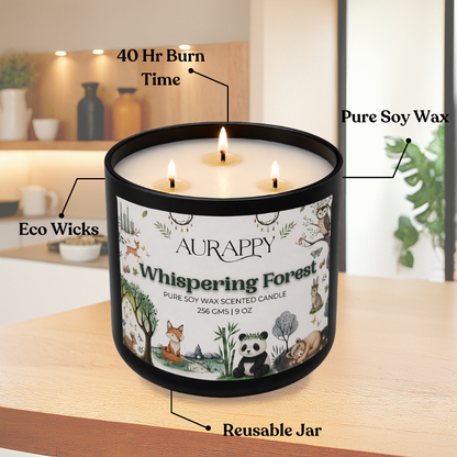Aurappy Whispering Forest 3-wick candle styled – soy wax home fragrance lifestyle India