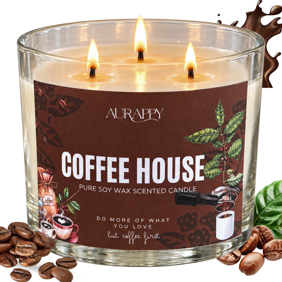 Aurappy Coffee House 3-wick coffee-scented soy wax candle in a clear glass jar, lit and surrounded by roasted coffee beans.