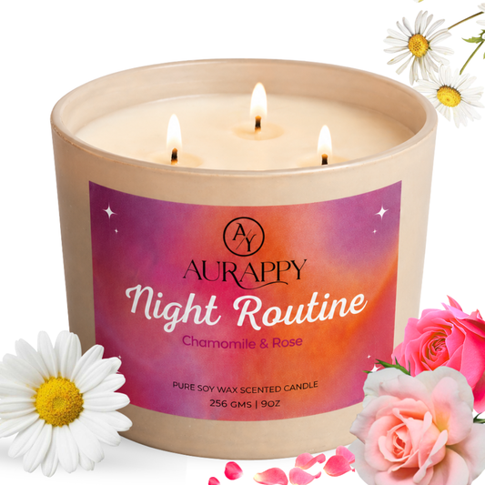 Aurappy Night Routine chamomile and rose 3-wick candle