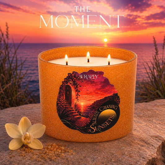 Lit Chasing Sunsets candle in a warm evening scene