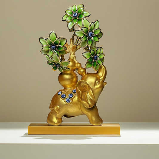 Golden Elephant Figurine with Evil Eye Flowers