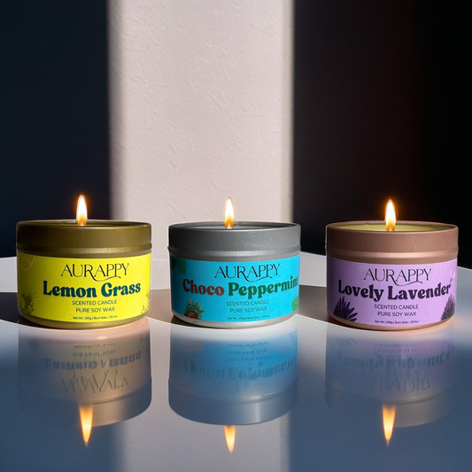 Aromatherapy Ritual Set – Tin Scented Candles (Set of 3) with Free Stickers & 2 Tealights
