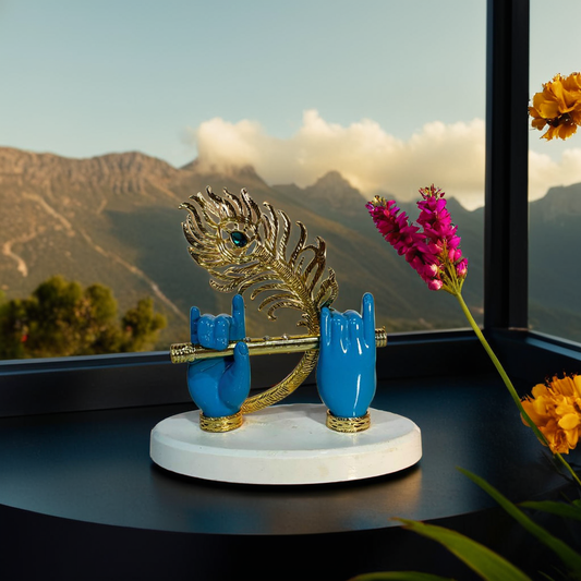Aurappy Lord Krishna Hands with Flute Idol |Divine Krishna ji Hand Statue with Flute and Peacock Feather for Car Dashboard, Home Temple mandir, and Housewarming Gift