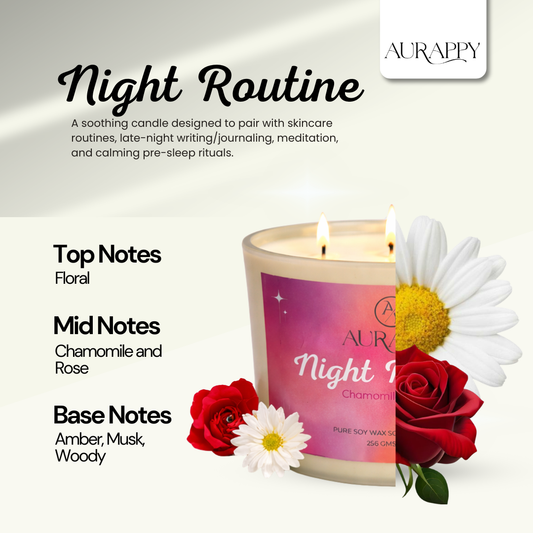 Night Routine candle fragrance notes showing chamomile, rose, musk and amber