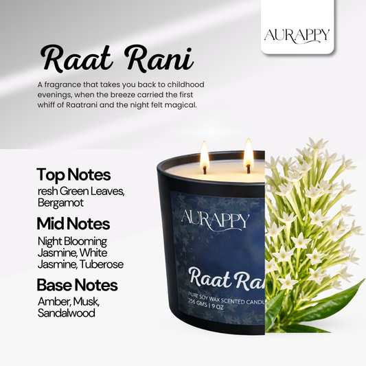 Raatrani candle fragrance notes with green leaves, night-blooming jasmine, amber, musk and sandalwood