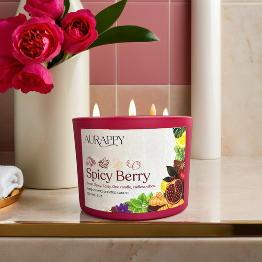 Aurappy Spicy Berry candle with a vase of pink flowers in the background.