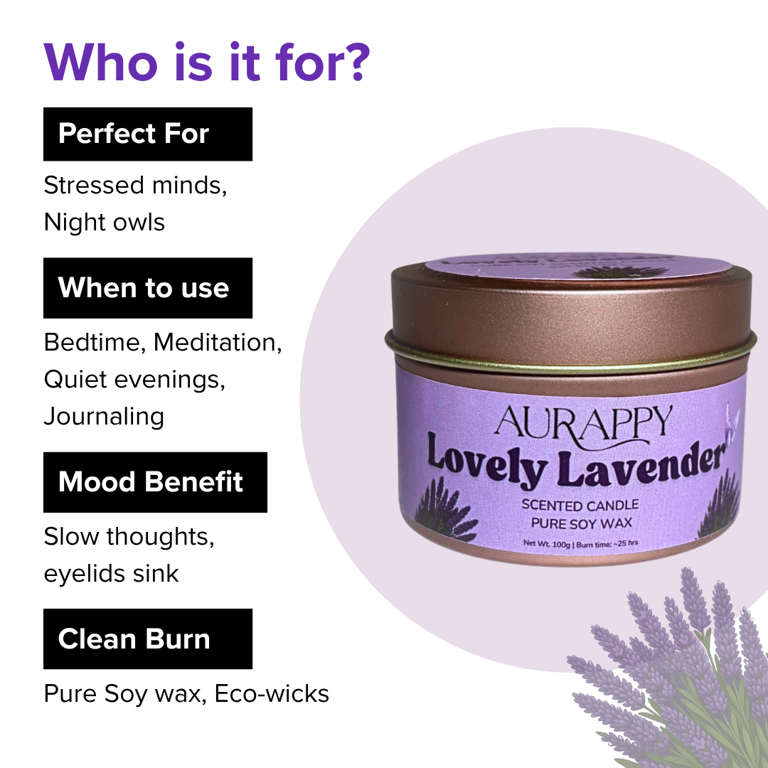 Aurappy Lovely Lavender scented candle with product details on a white background